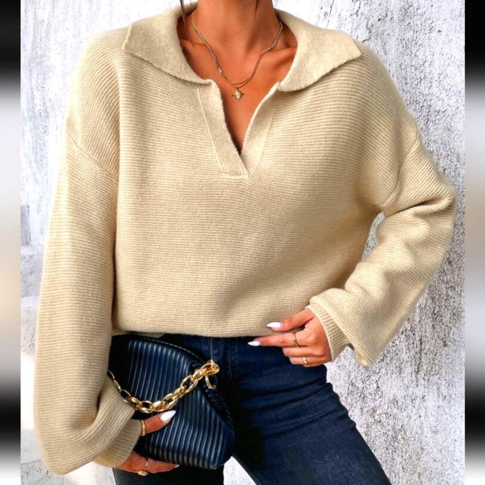 Khaki collared knit sweater size Medium  oversized style loose sleeve Shawl top